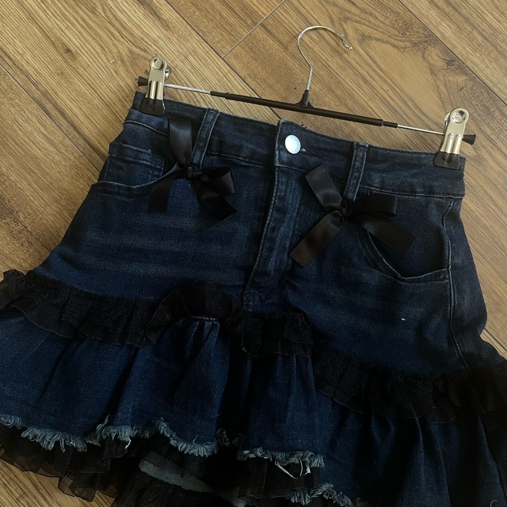 Denim Ruffle Skirt with Black Ribbons